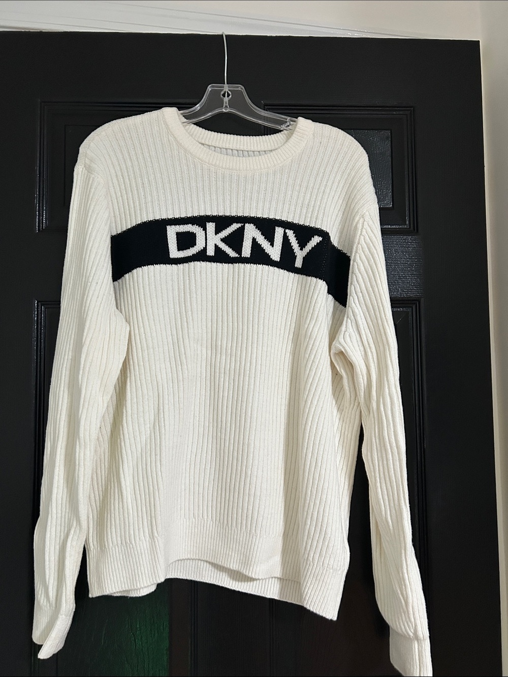 DKNY Cream Ribbed Crewneck Sweater with Black Logo Stripe